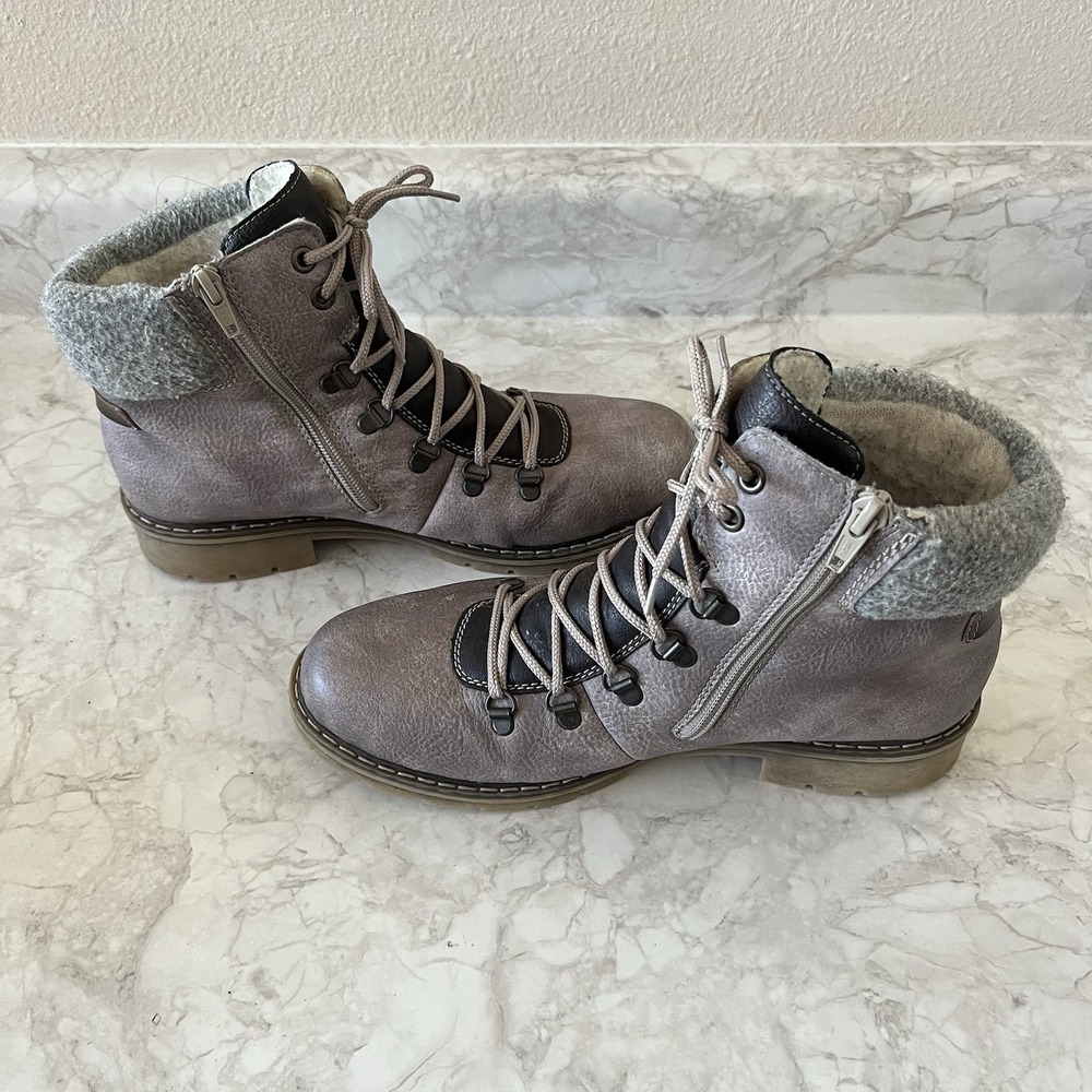 Rieker Boots Womens 40 Winter Ankle Lace Up Zip Brown Leather Round Toe